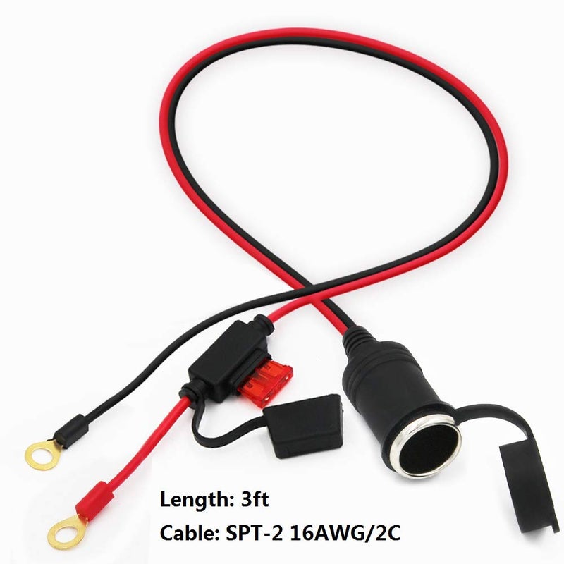 SPARKING 3FT Car Female Cigarette Lighter Plug Socket to Eyelet Terminals 12V Extension Cable with 10A Fuse (3FT) - Image 2